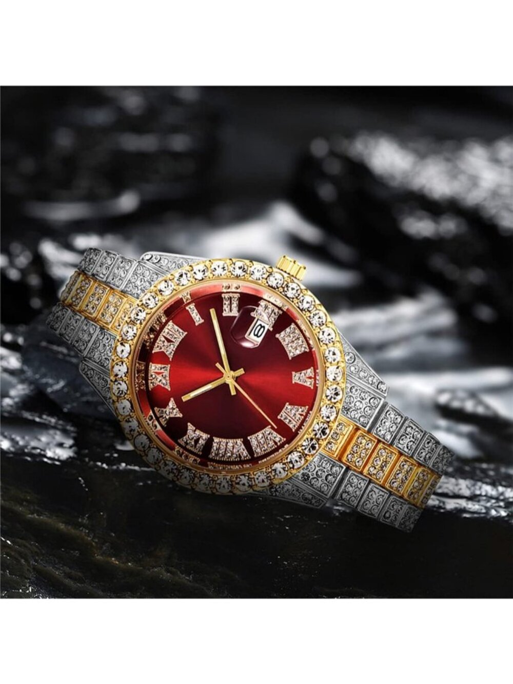 Unisex Red Face Crystal Diamond Quartz Analog Fashion Roman Big Hip Hop Watch - Picture 2 of 5
